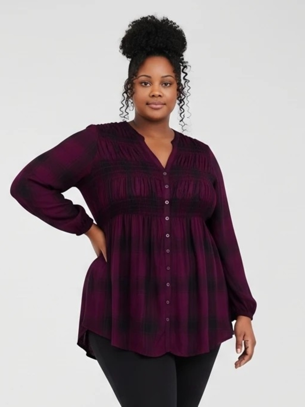 torrid Rayon Twill Smocked Button Up Purple Plaid Tunic